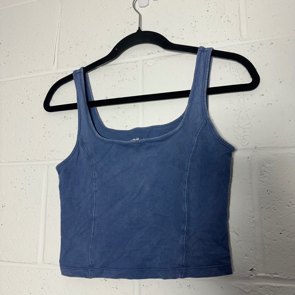 Aerie Womens Small Blue Cropped Tank Top Square Neck Seam Detail Camisole S